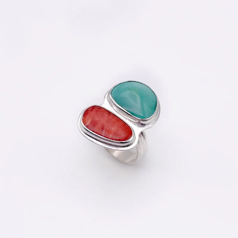 Ruby Gemstone Rings with Diamond AccentsFox Turquoise & Spiny Oyster Duo Ring | Size 9