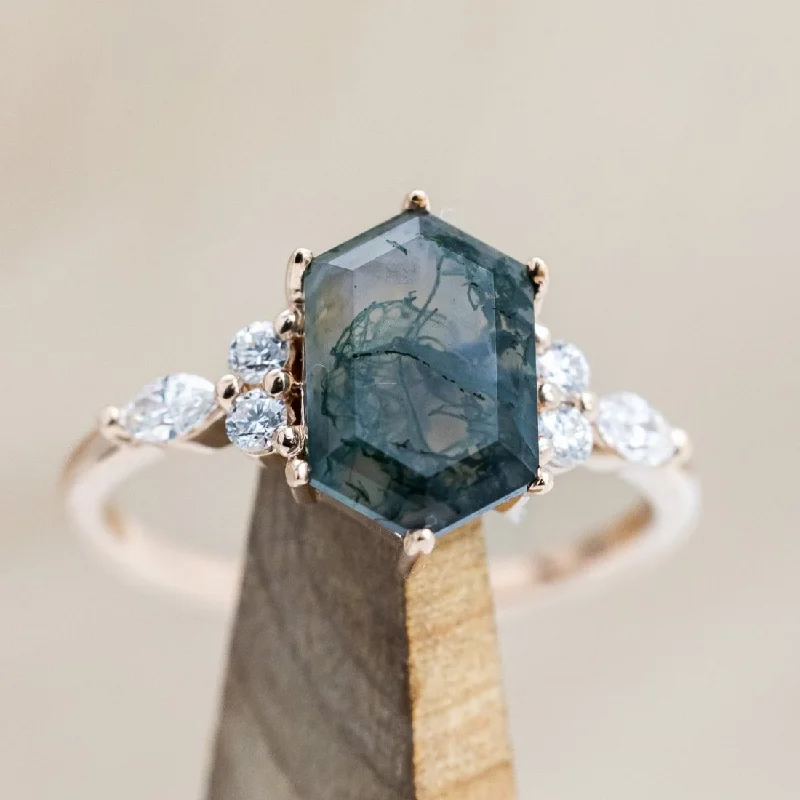 "SAGE" - ELONGATED HEXAGON CUT MOSS AGATE ENGAGEMENT RING WITH DIAMOND ACCENTS