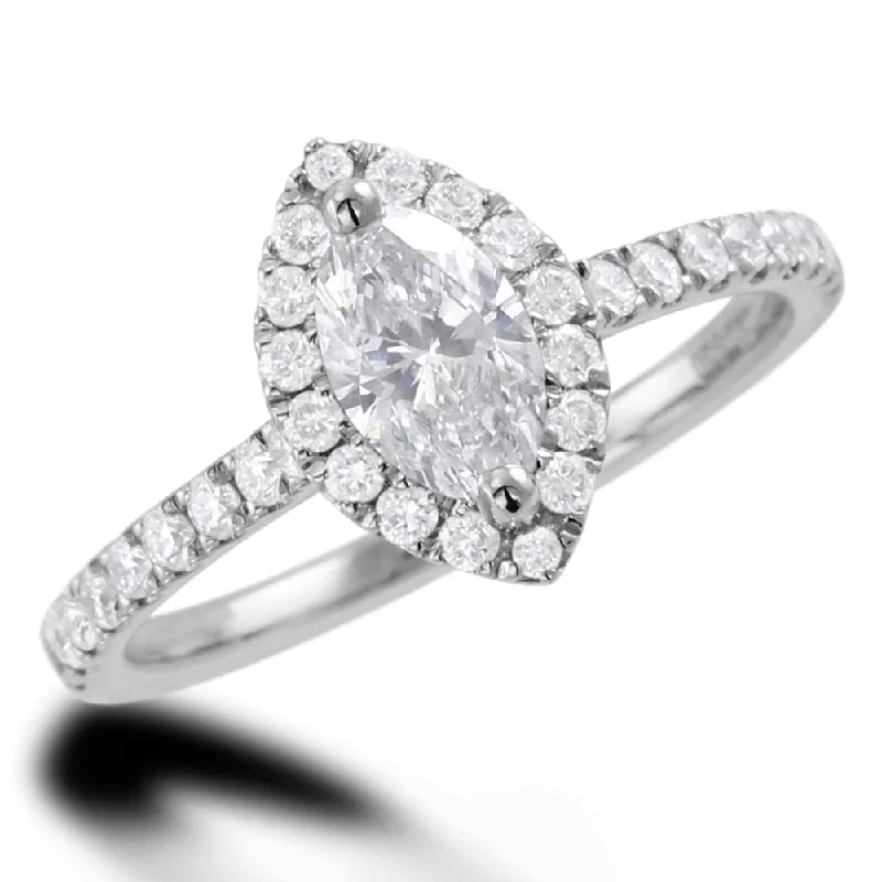 Solitaire Diamond Rings in Platinum SettingsPlatinum 0.92ct Marquise And Round Brilliant Cut Diamond Engagement Ring With Diamond Halo And Shoulders