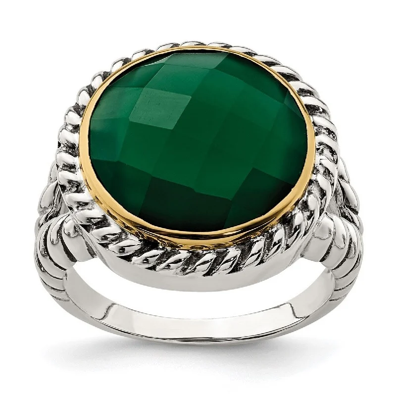 Curata 925 Sterling Silver With 14k Round Green Simulated Onyx Ring