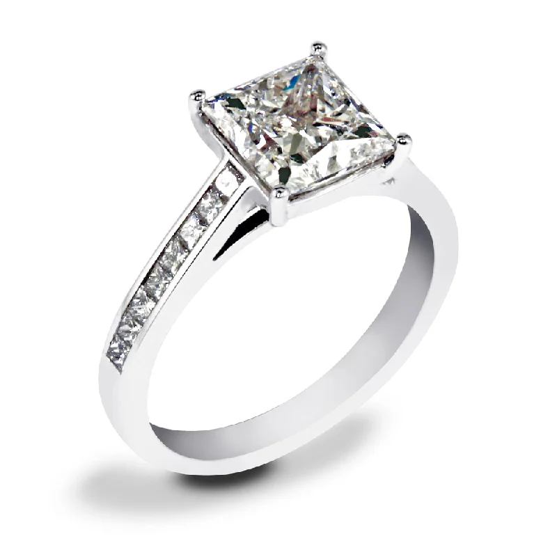 Halo - Style Diamond Rings with Smaller Accent DiamondsPlatinum 2.26ct Princess Cut Diamond Set Shoulders Engagement Ring