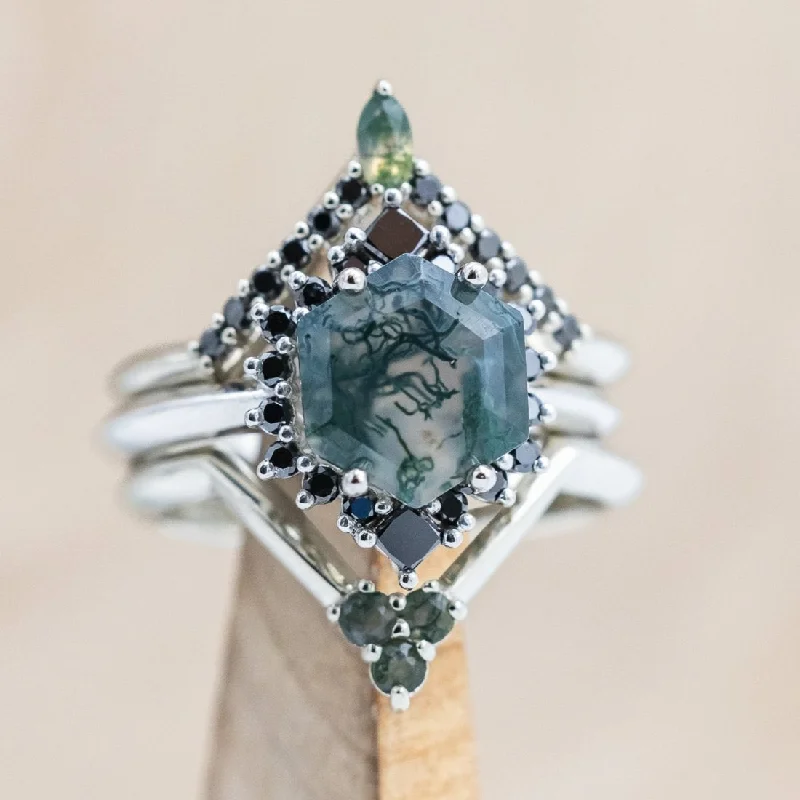 "NEREZZA" - BRIDAL SUITE - HEXAGON CUT MOSS AGATE ENGAGEMENT RING WITH BLACK DIAMOND ACCENTS & TRACERS