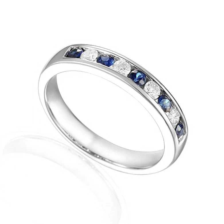 Matching Wedding Bands for a Coordinated Look18ct White Gold 0.30ct Blue Sapphire And 0.20ct Diamond Round Brilliant Cut Half Eternity Ring