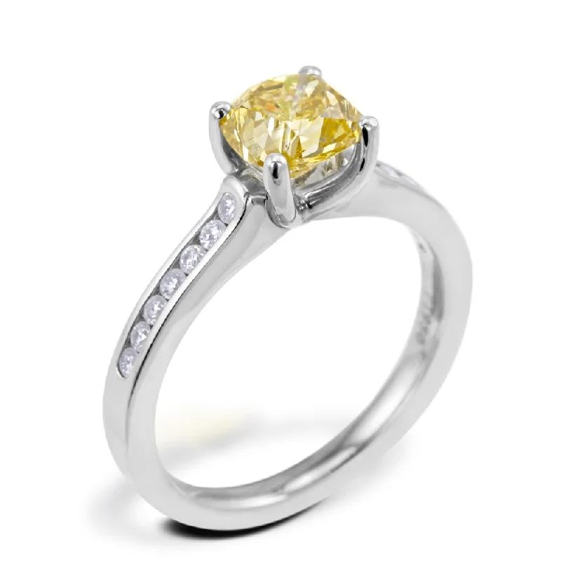 Halo - Style Diamond Rings with Smaller Accent DiamondsThe Waterlily Platinum Cushion Cut Yellow Diamond Solitaire Engagement Ring With Diamond Set Shoulders