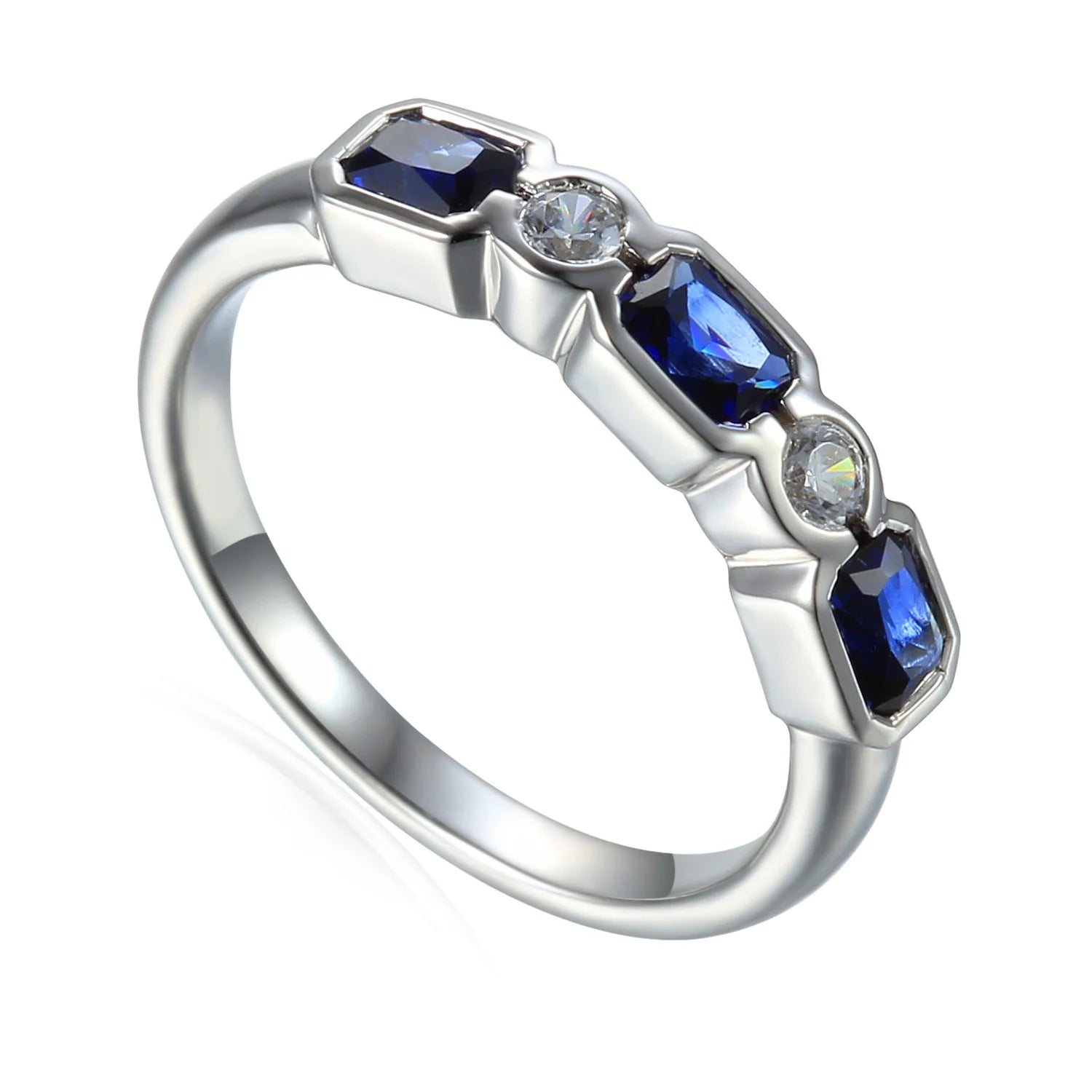 Comfort - Fit Wedding Bands for All - Day Wear18ct White Gold 0.89ct Octagon Cut Blue Sapphire And 0.11ct Round Brilliant Cut Diamond Five Stone Ring