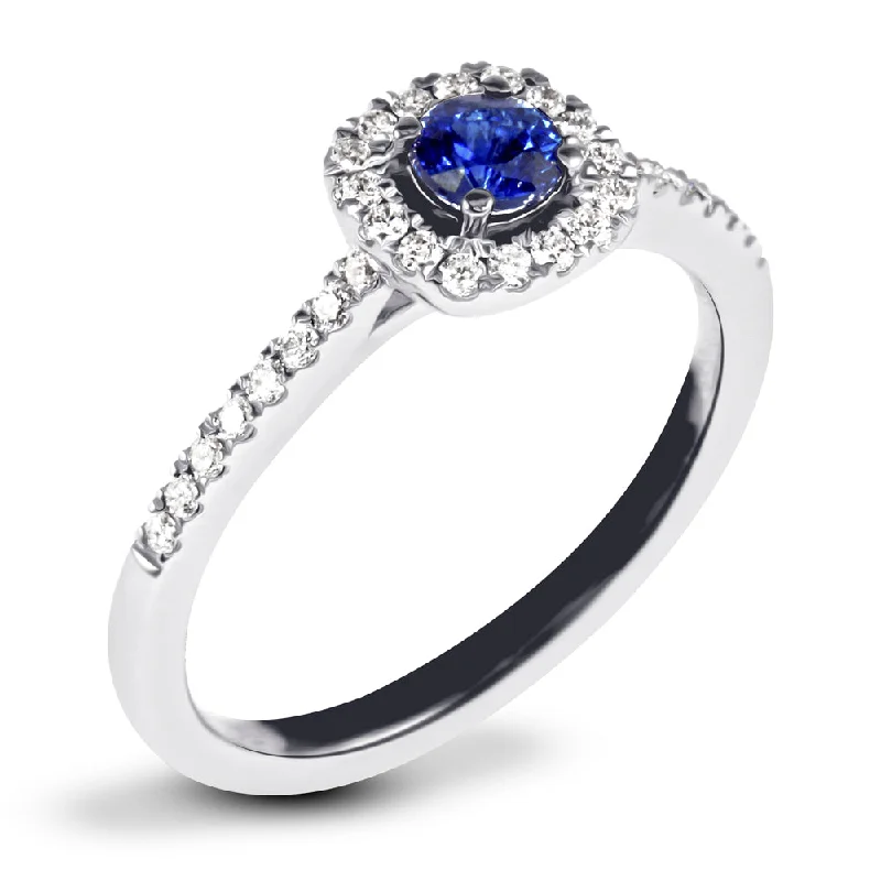 Vintage - Inspired Diamond Rings with Filigree Work18ct White Gold 0.27ct Round Brilliant Cut Sapphire and 0.18ct Diamond Halo and Diamond Set Shoulders Ring