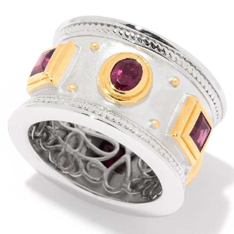 Sterling Silver Two-tone Red Garnet Etruscan Wide Band Ring