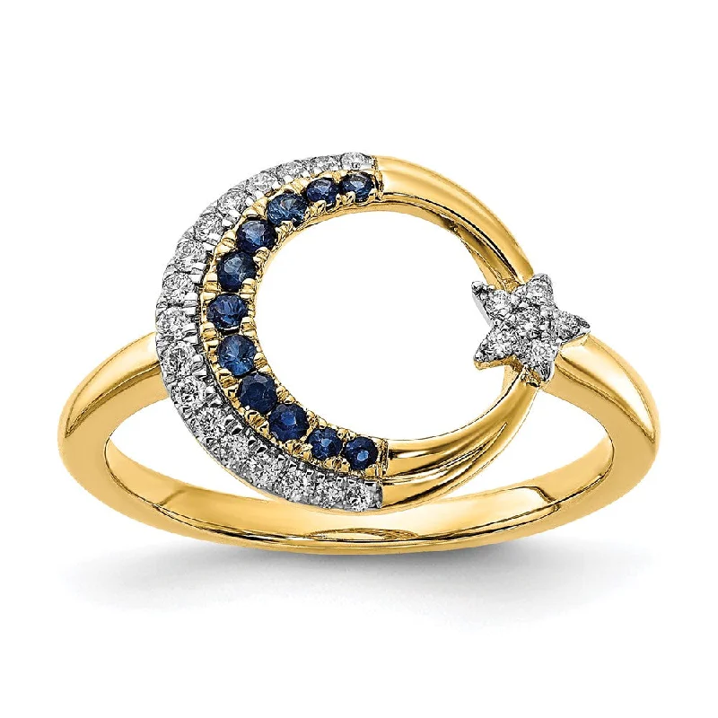 Emerald Gemstone Rings with Filigree - Bordered Settings14k Yellow Gold Polished Sapphire and Diamond Moon w/Star Ring