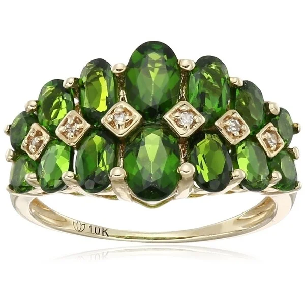 10k Yellow Gold Chrome Diopside, Diamond Band Ring, Size 7 - Green