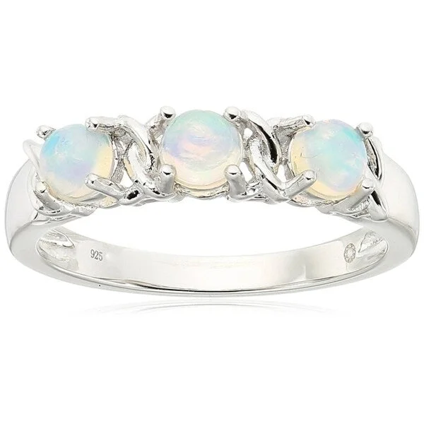 SS Ethiopian Opal & Accented 3-stone Band Stackable Ring, Size 7 - White