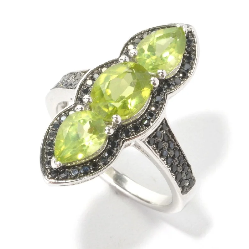 Rhodium Over Sterling Silver 3.2Ctw Peridot & Black Spinel Ring