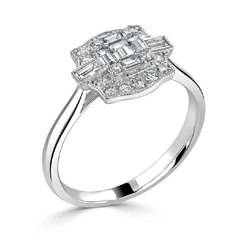 Halo - Style Diamond Rings with Smaller Accent Diamonds18ct White Gold 0.51ct Baguette And Round Brilliant Cut Diamond Fancy Ring