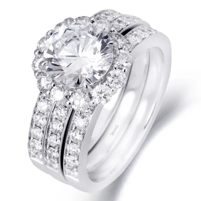 Halo - Style Diamond Rings with Smaller Accent DiamondsWedding Set in 18k Gold with Diamonds