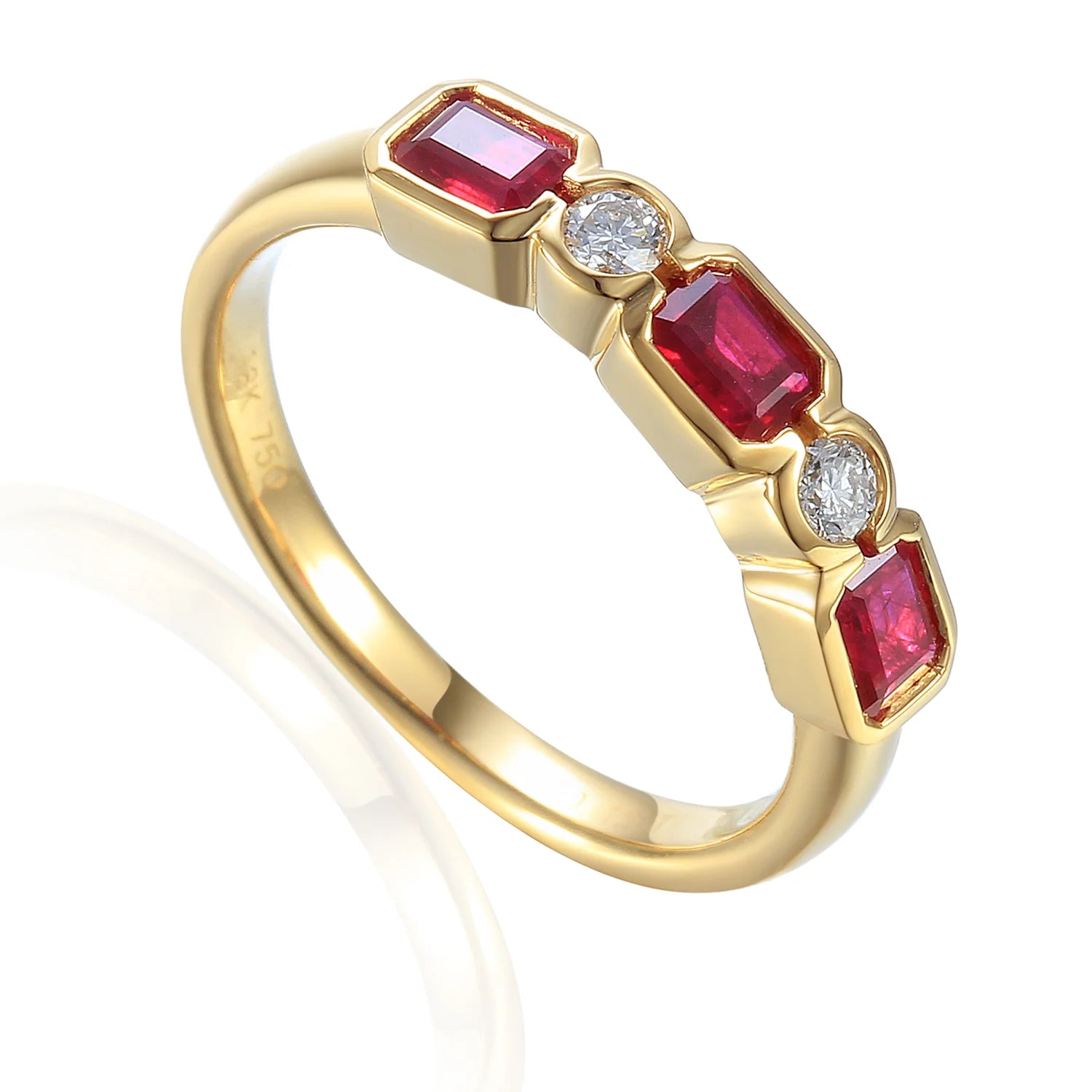 Wedding Bands with Micro - Pave Diamond Accents18ct Yellow Gold 0.83ct Octagon Cut Ruby And 0.11ct Round Brilliant Cut Diamond Five Stone Ring