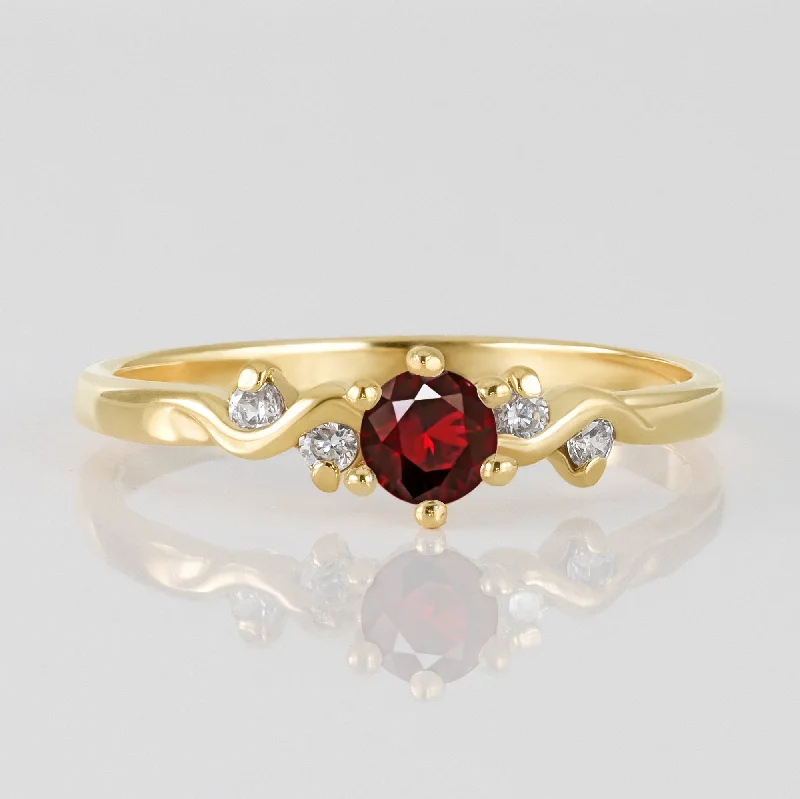 Multi - Gemstone Rings with a Rainbow of ColorsRed Garnet Ring - January Birthstone - Delicate Ring with Round Red Garnet Gemstone and Clear Quartz Accents