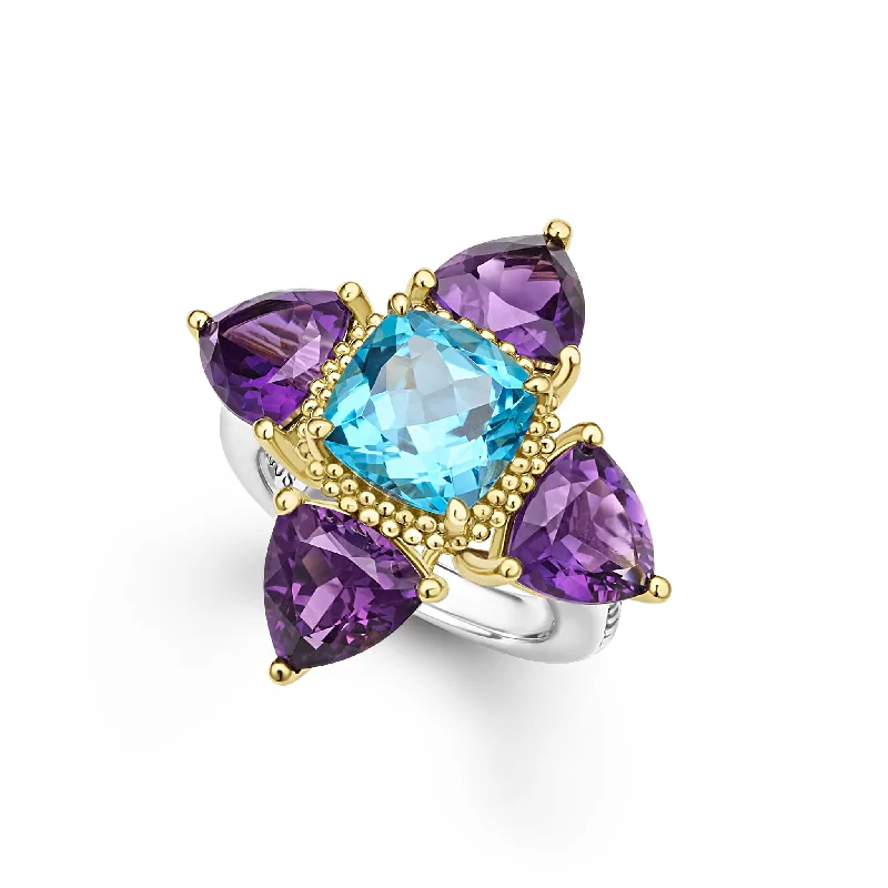 Amethyst Gemstone Rings in a Vintage - Style SettingCaviar Color Two-Tone Amethyst and Swiss Blue Topaz Ring