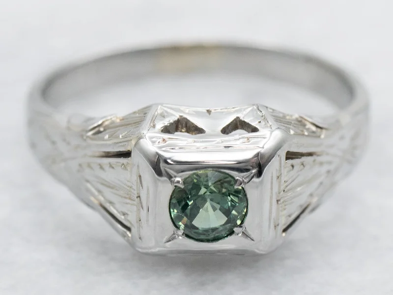 Emerald Gemstone Rings with Filigree - Bordered SettingsRetro Green Sapphire Solitaire Ring