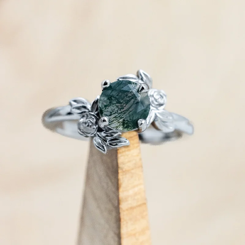 "ROSA" - ROUND CUT MOSS AGATE ENGAGEMENT RING WITH FLOWER ACCENTS