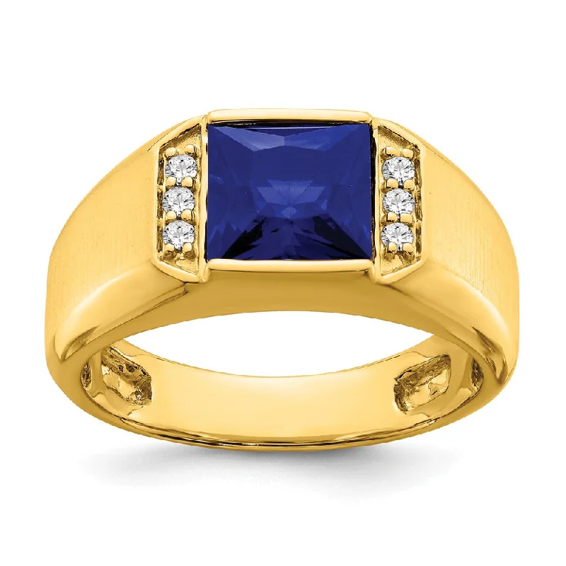 Emerald Gemstone Rings with Filigree - Bordered Settings14K Yellow Gold Square Created Sapphire and Diamond Mens Ring