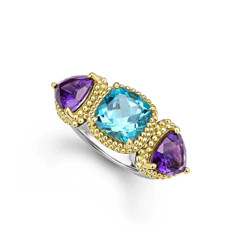 Emerald Gemstone Rings with Filigree - Bordered SettingsCaviar Color Two-Tone Amethyst and Swiss Blue Topaz Ring