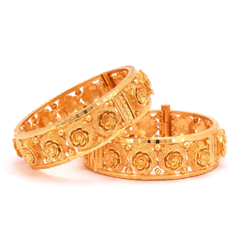 Solid Gold Bangles with Intricate EngravingsFloral Line Chur- Two Pieces