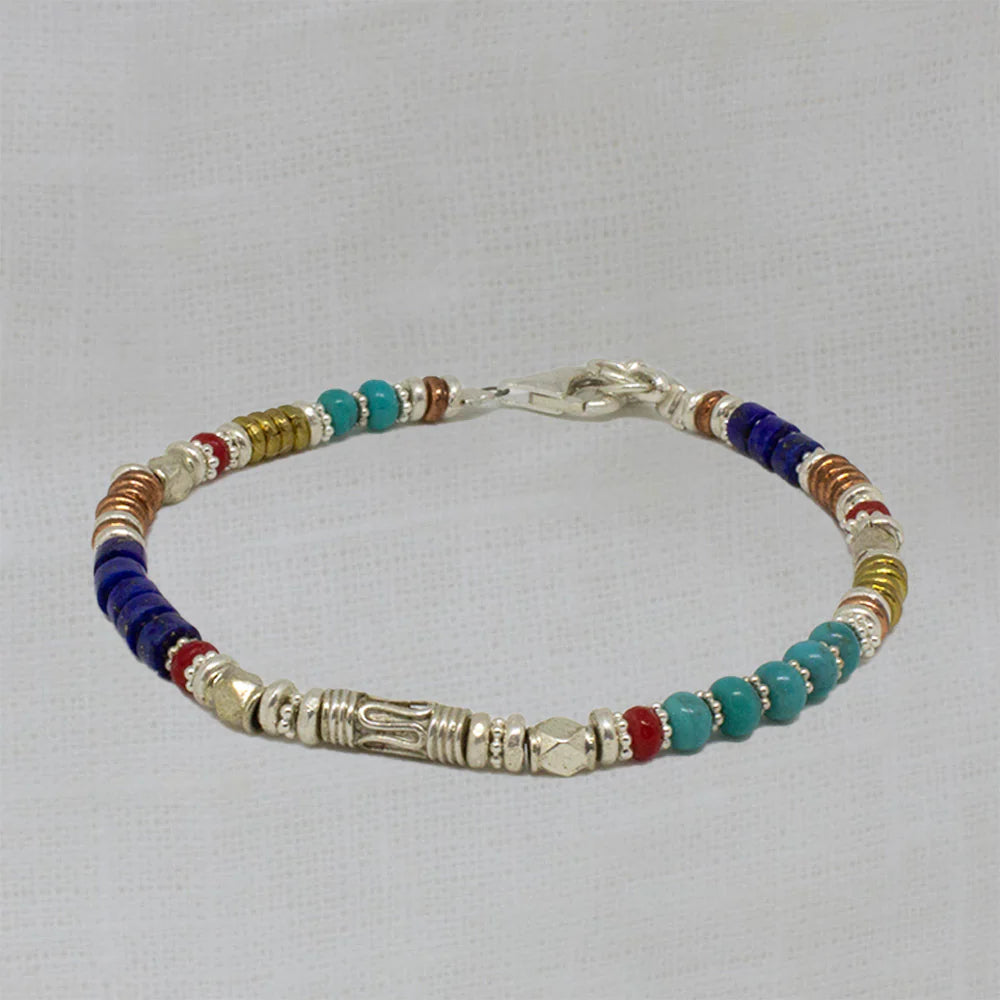 Bangle Bracelets with Birthstone AccentsSilver Turquoise, Lapis and Coral Mixed Metals Bracelet