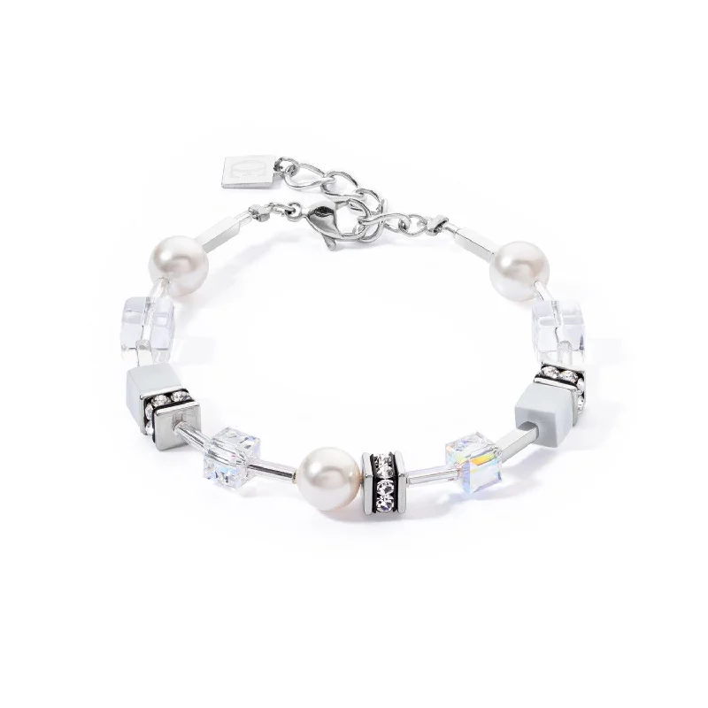 Solid Gold Bangles with Intricate EngravingsCoeur De Lion GeoCUBE® Iconic Pearl Mix Silver-White Bracelet