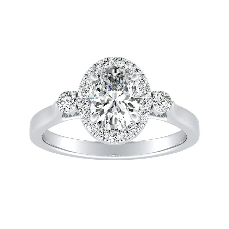 Engagement Rings with Hidden Halo Settings for Extra Sparkle3-stone Halo Oval Diamond Engagement Ring 1 1/4ctw 18k Gold by Auriya