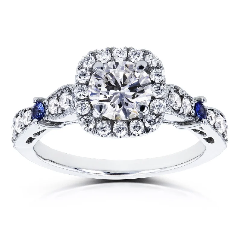 Affordable Engagement Rings with High - Quality Simulated DiamondsAnnello by Kobelli Certified Platinum 1 1/5ct TCW Diamond and Sapphire Vintage Style Halo Engagement Ring (F, SI1)