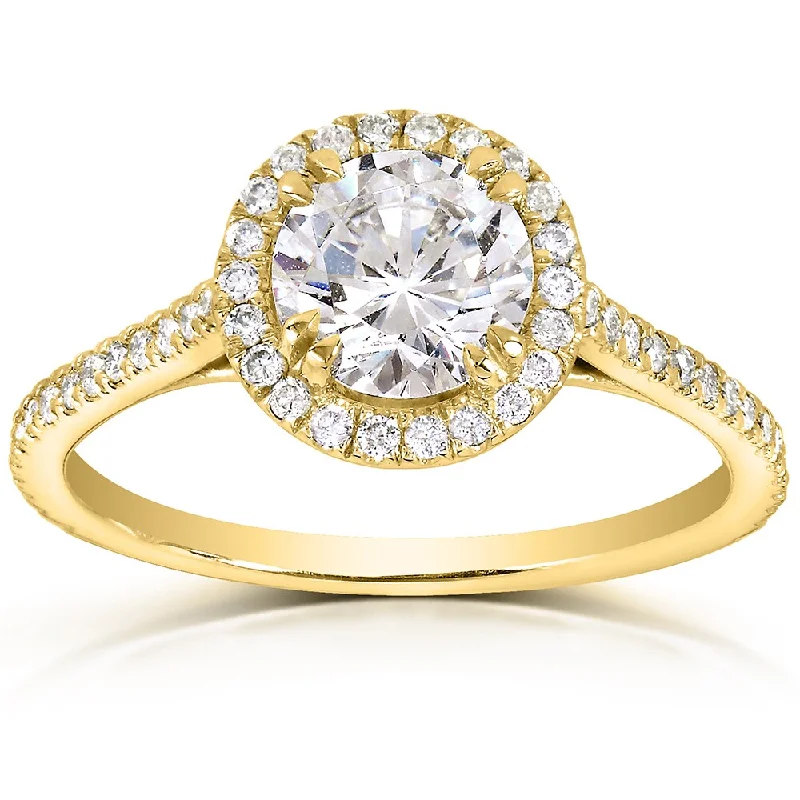 Affordable Engagement Rings with High - Quality Simulated DiamondsAnnello by Kobelli The Nora 14k Yellow Gold 1 1/3ct TDW Round-cut Diamond Halo Engagement Ring