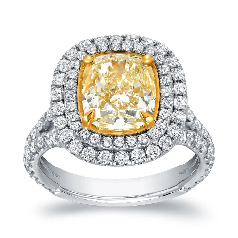 Affordable Engagement Rings with High - Quality Simulated DiamondsAuriya 18k Two-tone Gold 4 1/5ctw Halo Cushion-cut Yellow Diamond Engagement Ring Certified H-I, VS1-VS2