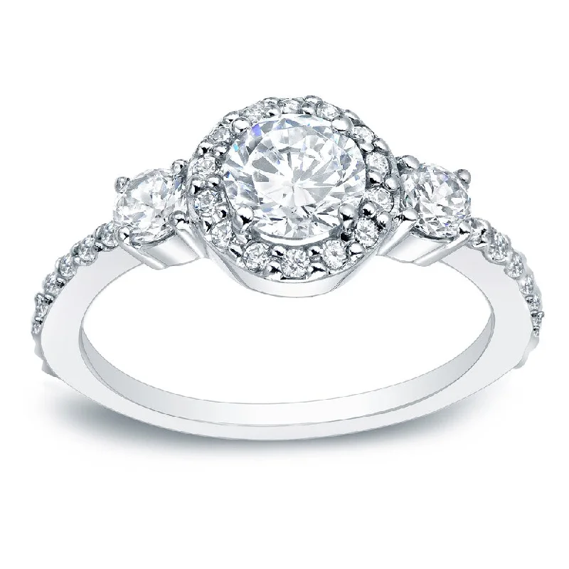 Engagement Rings with Hidden Halo Settings for Extra SparkleAuriya Platinum 3/4ctw Round 3-Stone Halo Diamond Engagement Ring (H-I, SI1-SI2)