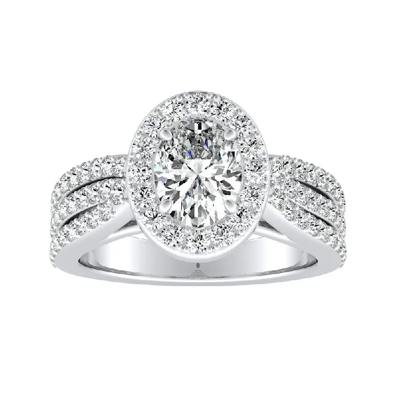 Affordable Engagement Rings with High - Quality Simulated DiamondsTriple Band Oval-cut Halo Diamond Engagement Ring 1 1/2ctw 18k Gold by Auriya (I-J, I1-I2)