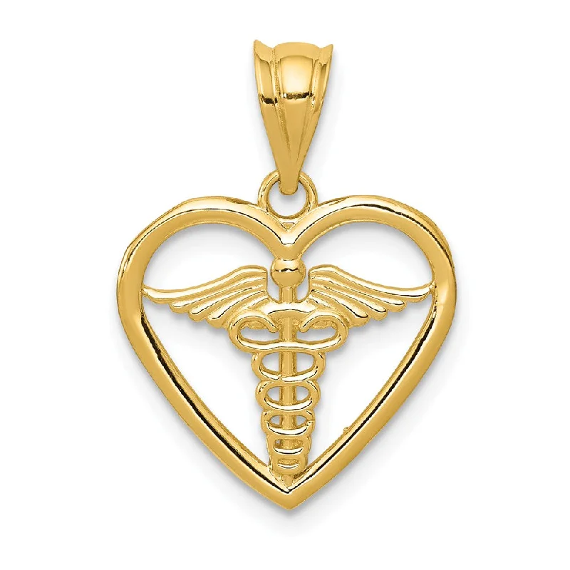 Religious Pendants with Cross or Star of David Designs14k Yellow Gold Caduceus Heart Medical Pendant, 15mm