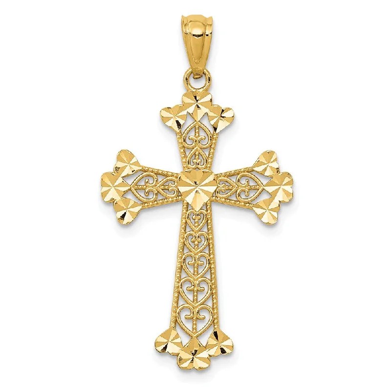 Gemstone - Encrusted Pendants with a Sparkling Centerpiece14k Yellow Gold Diamond-Cut Filigree Heart Cross Pendant, 18 x 33mm