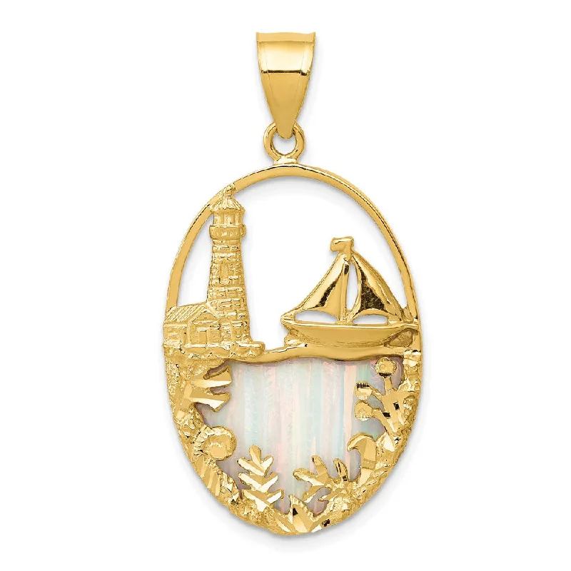 Gemstone - Encrusted Pendants with a Sparkling Centerpiece14k Yellow Gold & Imitation Opal Lighthouse and Sailboat Oval Pendant