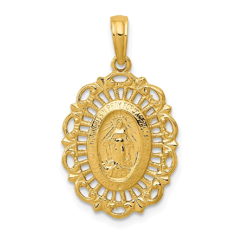 Religious Pendants with Cross or Star of David Designs14k Yellow Gold, Oval Filigree Miraculous Medal Pendant, 15 x 25mm