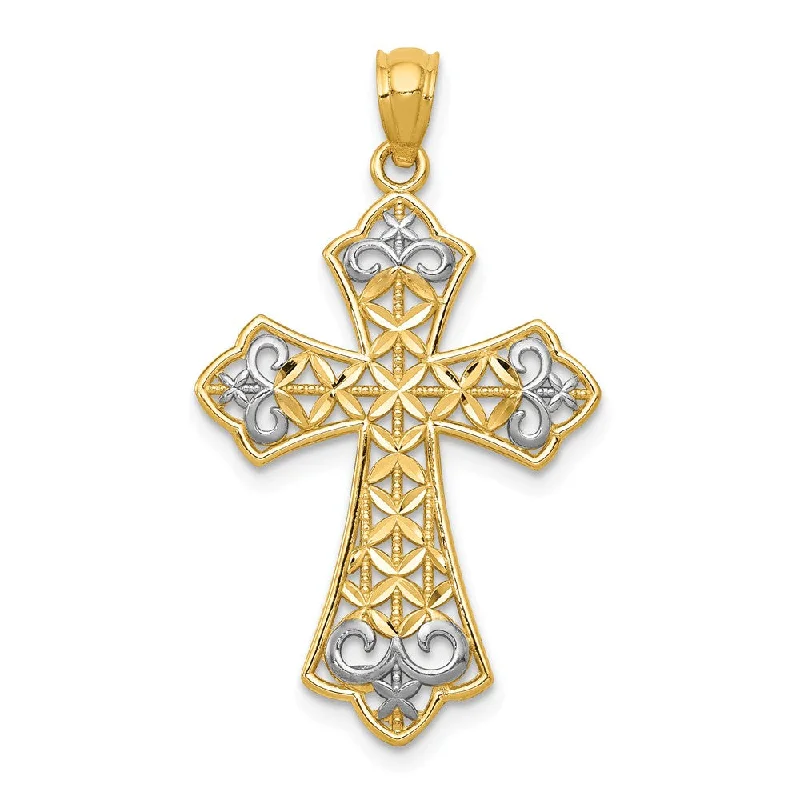 Charm Pendants with Multiple Small Decorative Elements14k Yellow Gold & Rhodium Fleur de Lis Filigree Cross Pendant, 18x32mm