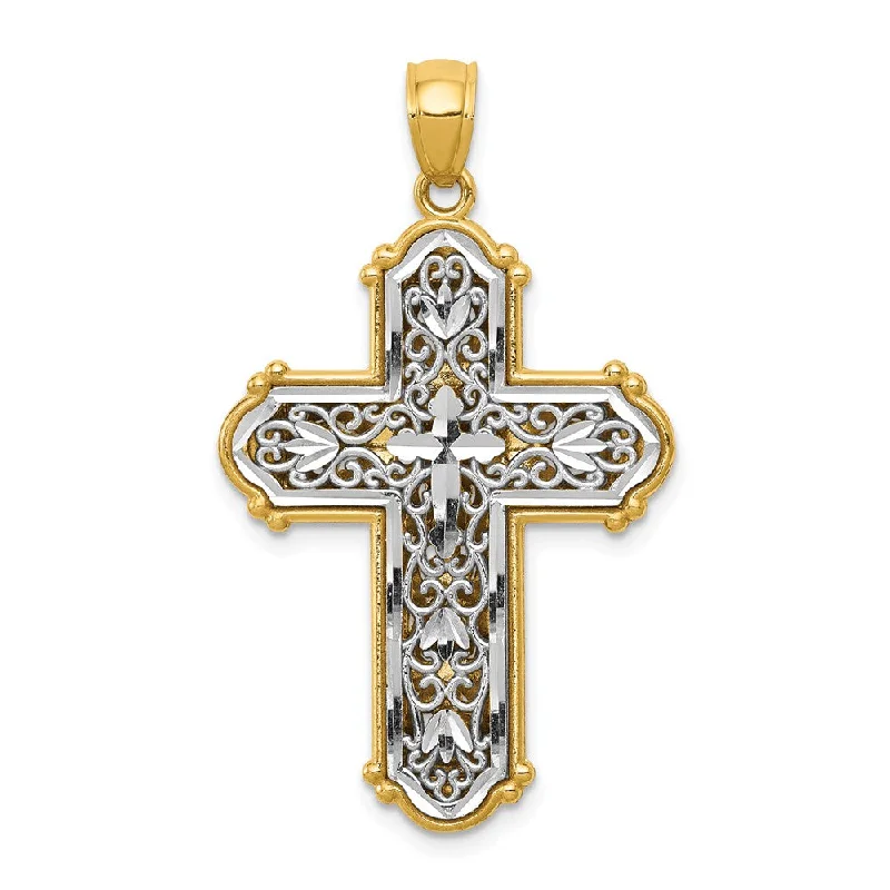 Religious Pendants with Cross or Star of David Designs14k Yellow Gold & Rhodium Reversible Filigree Cross Pendant, 22 x 38mm