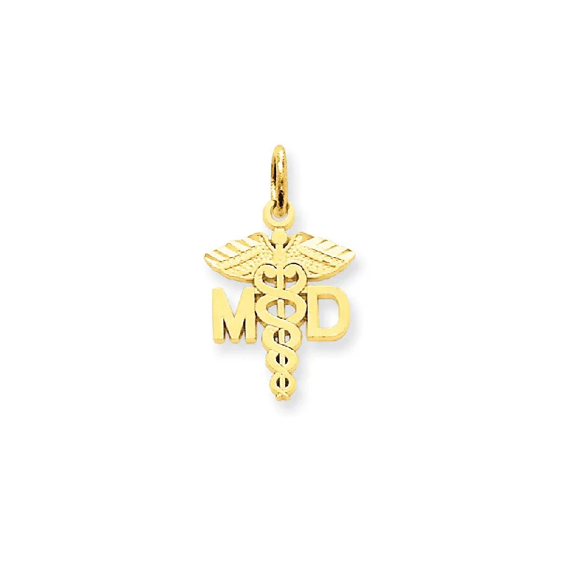 Religious Pendants with Cross or Star of David Designs14k Yellow Gold Satin and Diamond Cut MD Caduceus Charm