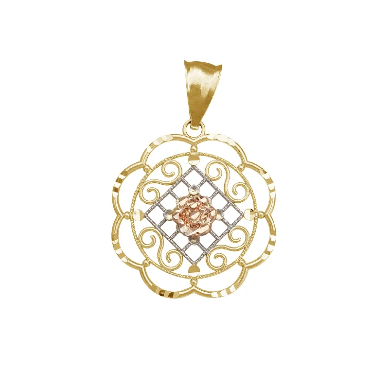 Gemstone - Encrusted Pendants with a Sparkling CenterpieceTricolor Rose Flower Frame Pendant (14K)